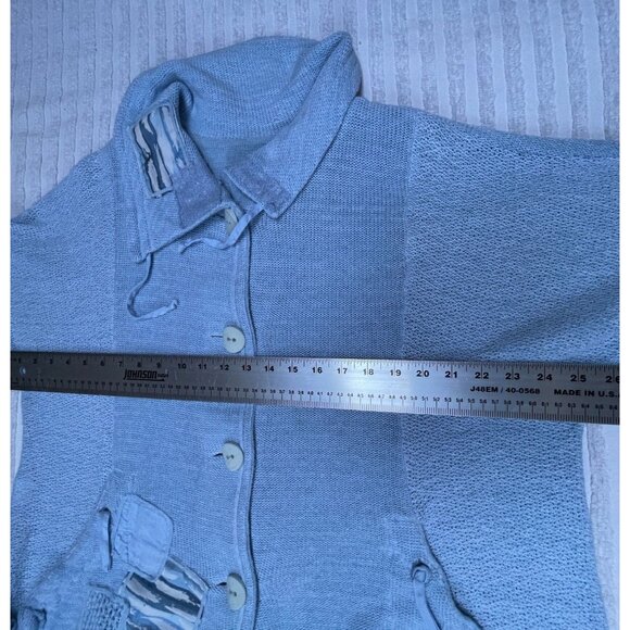 Jaskar Linen Blend Patchwork Button Front Knit Cardigan Sweater Pockets Blue - Picture 7 of 9